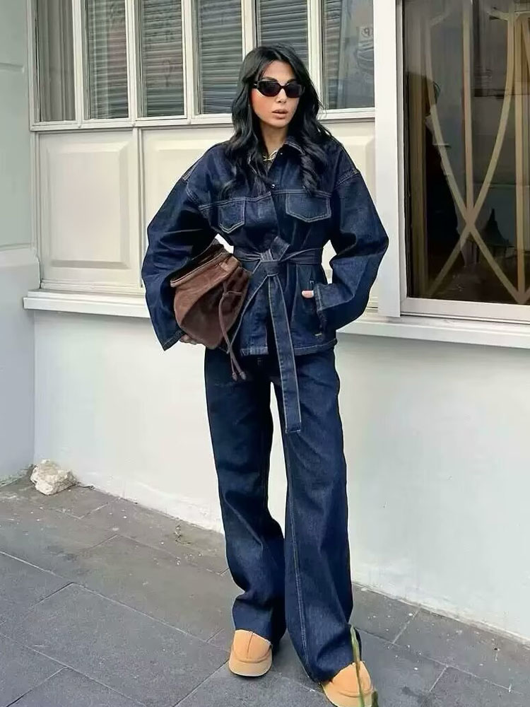 Women'S Fashion Denim Jacket - TRAFZA Women Pants Suit Fashion Denim