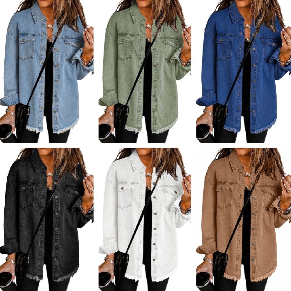 Women'S Fashion Denim Jacket - Washed Denim Jacket Women Autumn Tassel