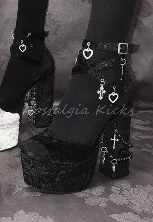 Spaghetti Strap Dress - Gothic Black Velvet Platform High Heel