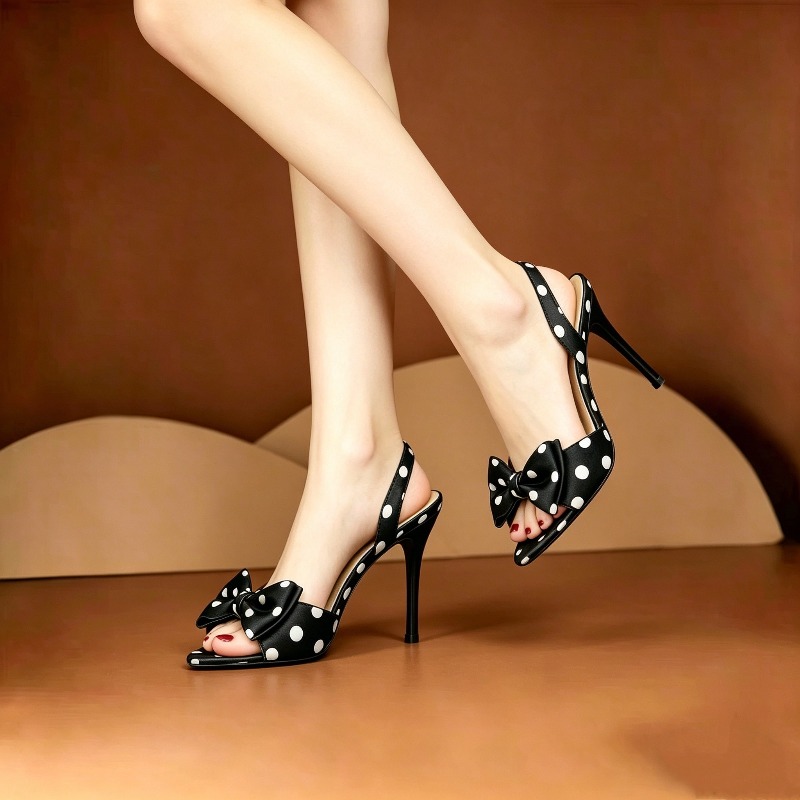 Spaghetti Strap Dress - French Polka Dot Bow Pointed Toe