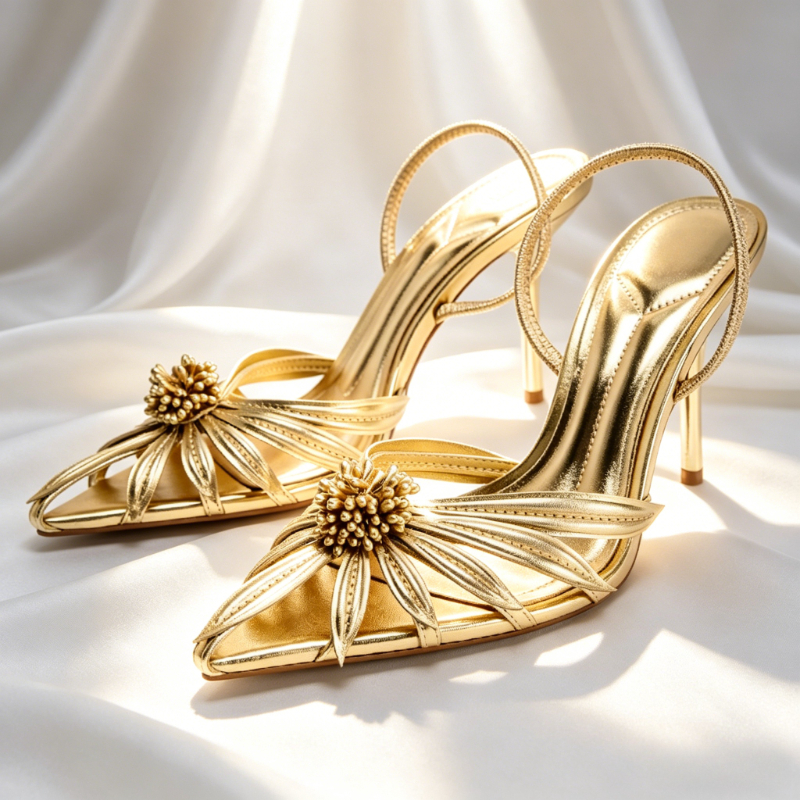 Spaghetti Strap Dress - Luxury Gold Floral Detail Slingback Heels