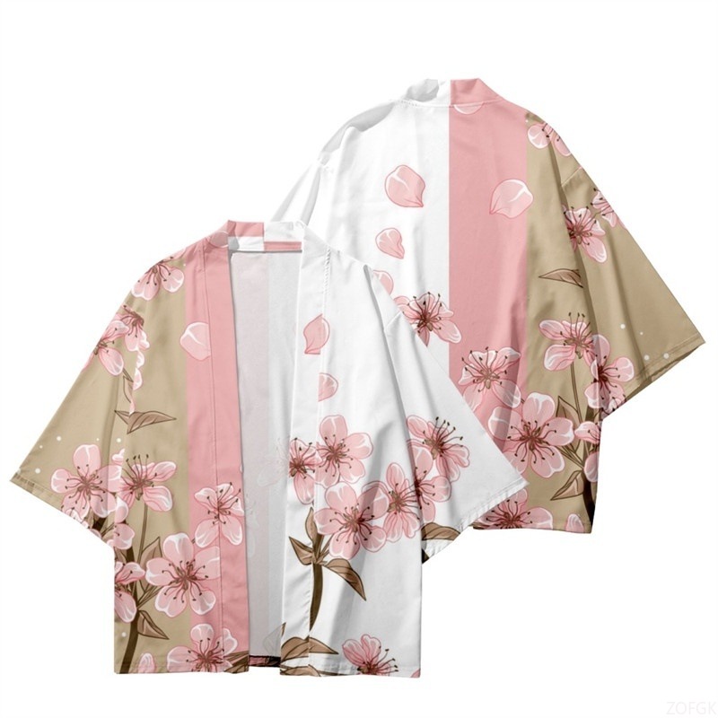 Women Fashion Drawing - Summer Women Flower Print Kimono Men