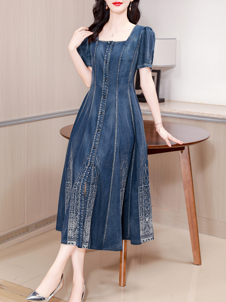 Women'S Fashion Middle Ages - TIYIHAILEY-Long Mid-Calf Short Sleeve Denim Dress,