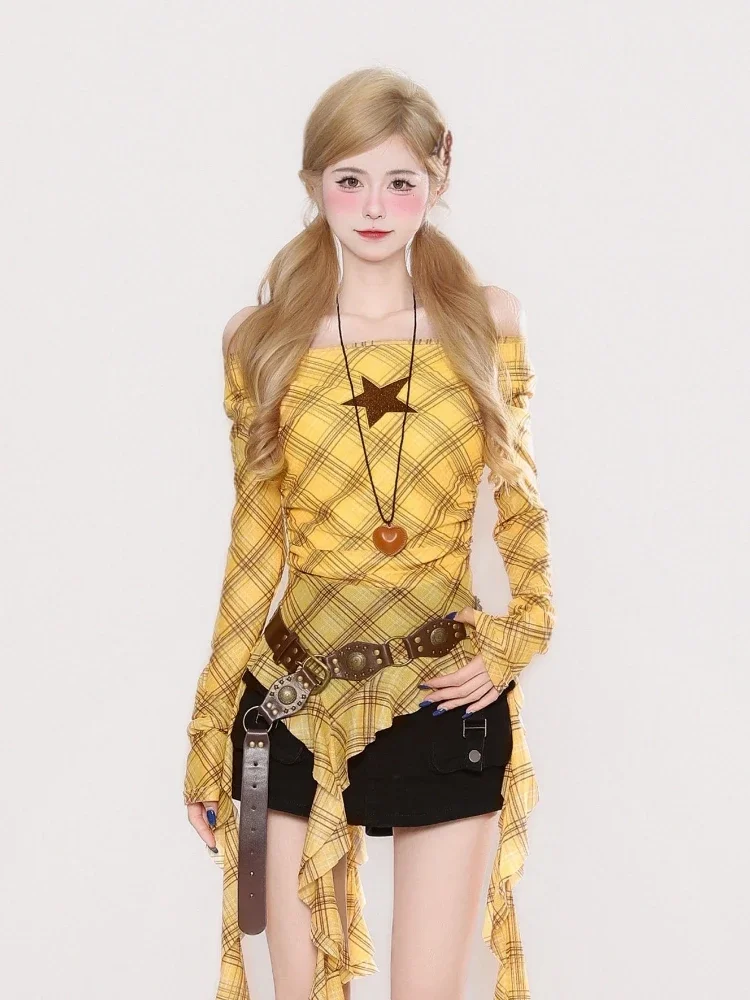 Y2K Plaid Slash Neck Vintage T – обзор и цена Women Top Fashion